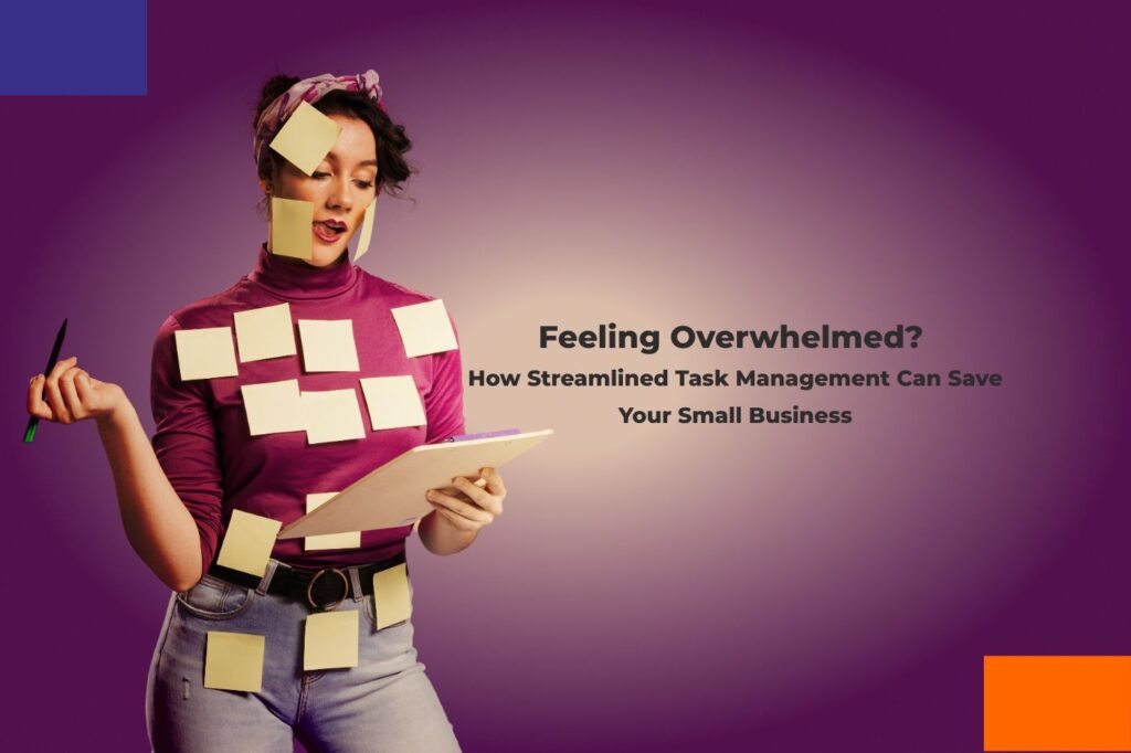 Stressed businesswoman overwhelmed by sticky notes symbolizing the challenges of small business task management.